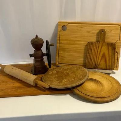 Lot Of Cutting Boards, Wooden Trivets, Rolling Pin & Vintage Coffee Grinder