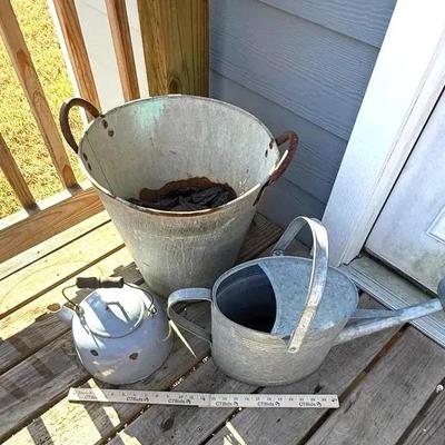 Assorted Metal Items: Galvanized Watering Can, Galvanized Tall Vessel, Blue Tea Pot