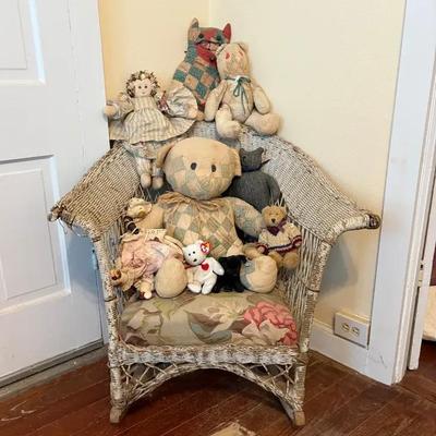 Lot Of Vintage Wicker Rocking Chair & Handmade Stuffed Animals, Teddy Bears