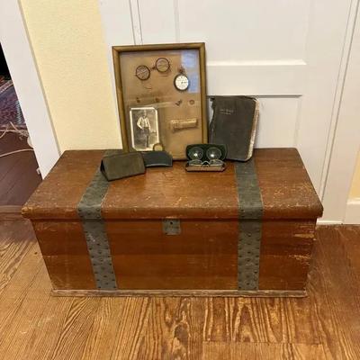 Vintage Chest, Glasses, Bible, Wallet, Framed Cowboy Items