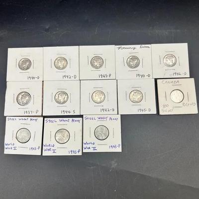 Mercury Dimes, Steel Wheat Pennies And 10c Canadian Coin