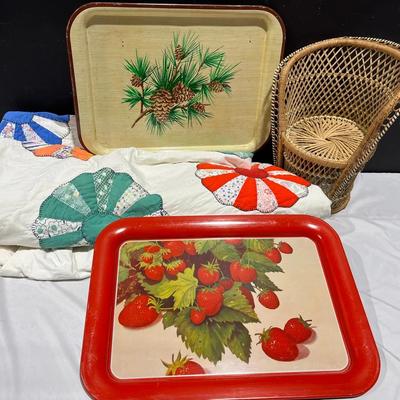 Vintage Dresden Plate Quilt, Trays & Doll Chair