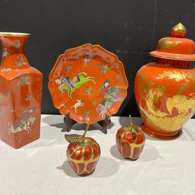 T.F.F. Japanese Porcelain Ware Vase & Plate, Ginger Jar & Brass Enamel Apples