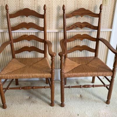Pair Of Oak Ladder-Back Rush Seat Arm Chairs