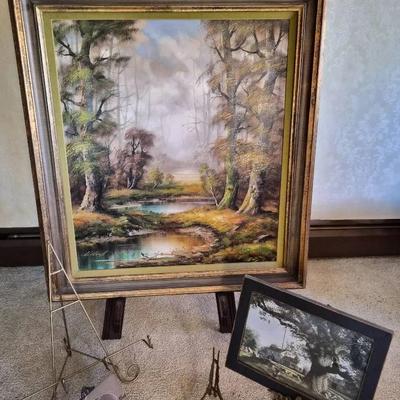 Large 52" Wooden Victorian Style Easel, 4 Smaller Metal Easels, 1 Large Painting