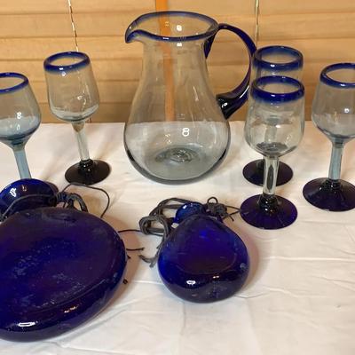 Hand Blown Glass Pitcher, Glasses & Hanging Vases