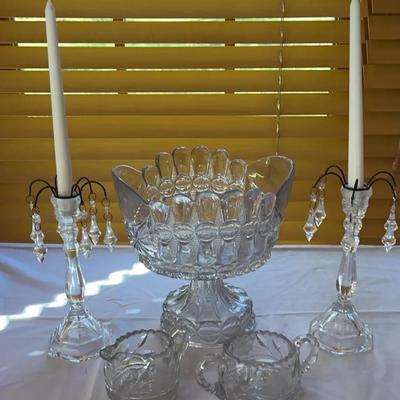 Late 1800s Trifle Bowl, Candlesticks And Cream & Sugar 