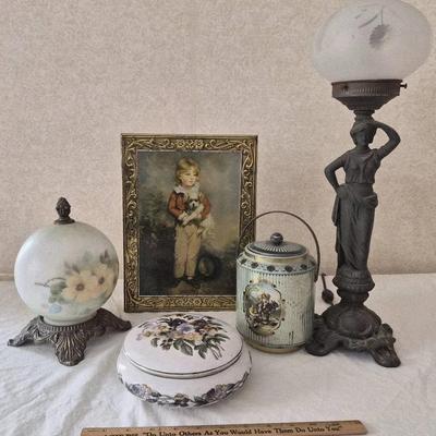 Vanity Set with Cast Iron Figural Lamp, Floral Globe Lamp, China Bowl & Tins