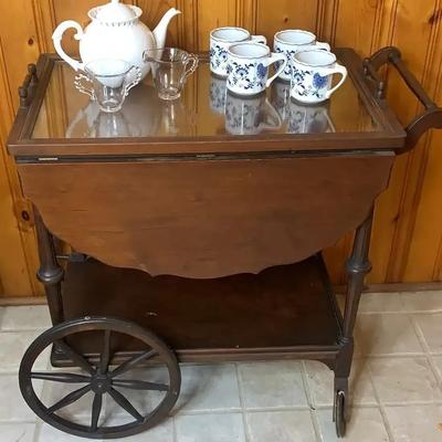 Vintage Cherry Tea Cart w/Vintage Cups, Sugar & Creamer