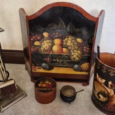 Hand Painted Wooden Screen & Brass Fireplace Tools