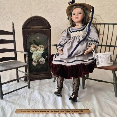 Nürnberger Puppenstube Doll, Wooden Chairs and Floral Cabinet