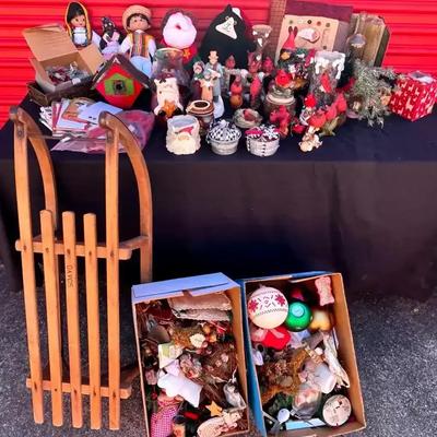 Wooden Sled, Cardinal Figurines, and Holiday Décor