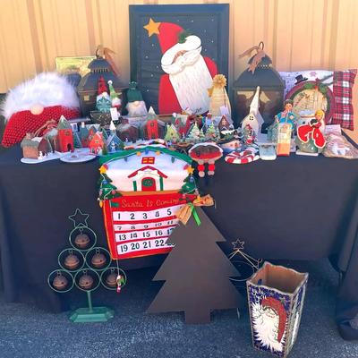 Christmas Village Display with Metal Santa Art & Faux Lanterns