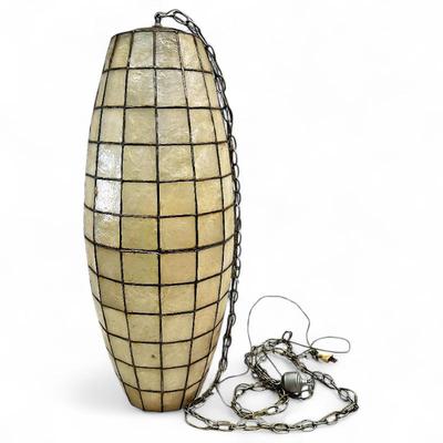 Sale Photo Thumbnail #7: Mid Century Modern Barrel Shaped Capiz Shell Pendant Lamp