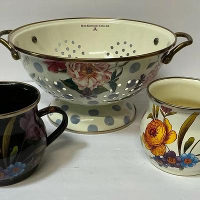 Mackenzie Childs Floral Enamel Colander & Mugs