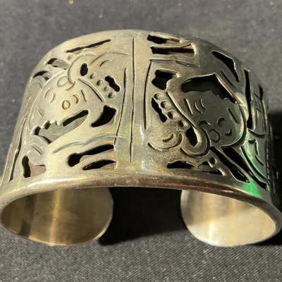 Taxco Mexico Sterling Cuff Bracelet With Aztec Inspired Design