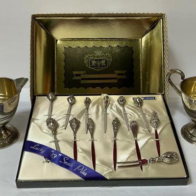 Sterling Silver Lucky 13 Snak Piks & Weighted Sterling Sugar & Creamer