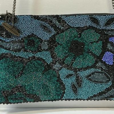 Mary Frances Teal Blue Beaded Floral Bag Chain Strap