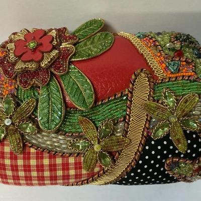 Mary Frances Orange Green Embellished Floral Handbag