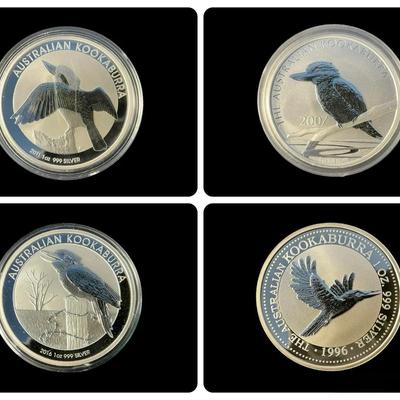Four Australian .999 Silver Kookaburra Dollars