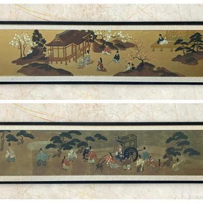 Two Large 63 Inch Asian Silk Art Panels