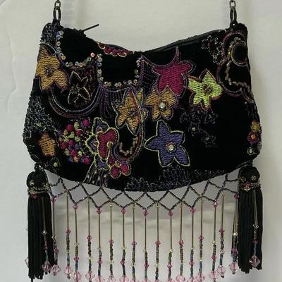 Mary Frances Black Floral Beaded Mini Bag Chain Strap