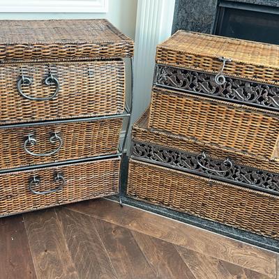 Iron And Rattan Table And Matching Baskets