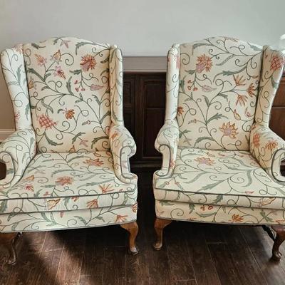 Pair of Embroidered Wingback Armchairs
