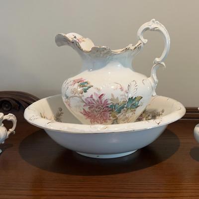 Antique Porcelain Wash Basin, Large Pitcher & Small Pitchers
