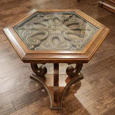 Vintage Hexagonal End Table With Carved Wood Base And Glass Top