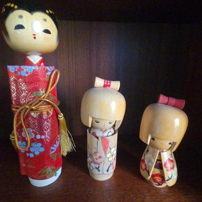 3 Japanese Wooden Kokeshi Dolls