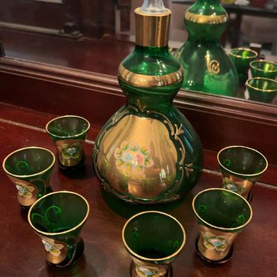 Vintage Venetian Green Decanter With Shot Glasses