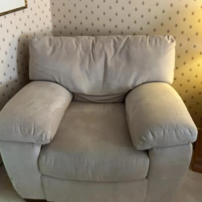 Taupe Colored Over Stuffed Suede Like Chair And Ottoman