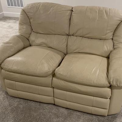 Beige Leather Reclining Loveseat