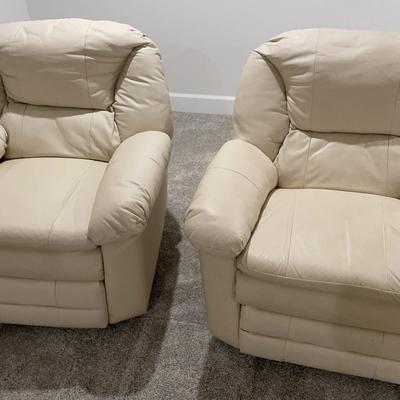 Pair Of Beige Leather Reclining Chairs