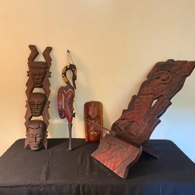 Hand Carved Hanging Masks And Chair