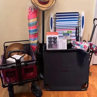 Beach Ready Lot With Umbrella, Wagons, Sun Bed And More