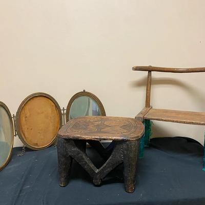 Handcarved Chair, Stool And Hand Painted Mirror