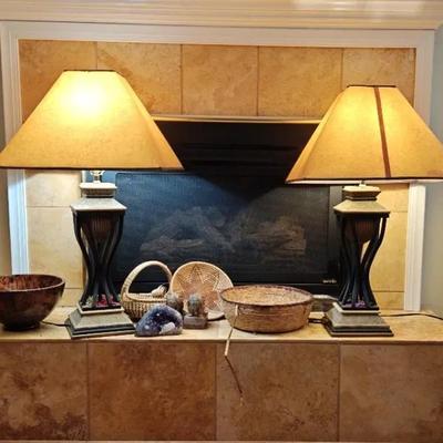 Two Lamps With Decor Items Including Charleston Baskets