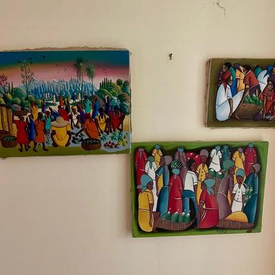 Vibrant Haitian Market Scene Art Set - Signed Hand-Painted Canvas Panels