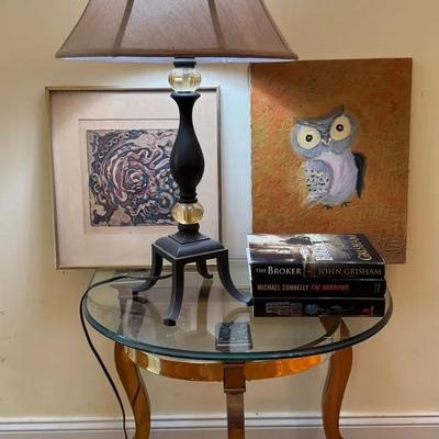 Side Table W Lamps, Books And Art Work