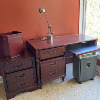 Stanley Wooden Desk With Side Two Drawer Unit, Lamp And Shredder