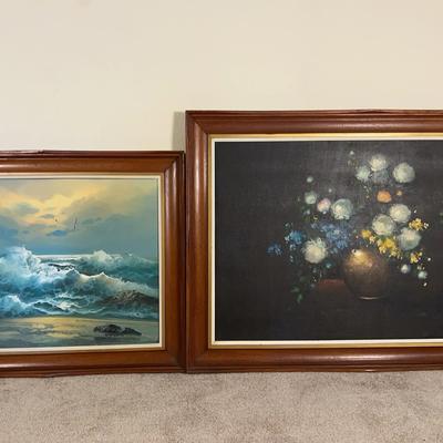 Framed Wall Art – Ocean (31.5” x 31.5”) & Flower Painting (42” x 30”) – No Signatures