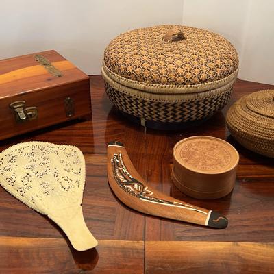 Antique Indonesian Buffalo Bone Carved Fan, Baskets, Australian Boomerang & More
