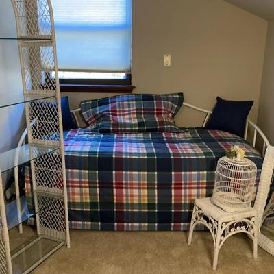 White Metal Daybed With Wicker And Glass Stand, Mirror, Side Table And Birdcage Located Upstairs