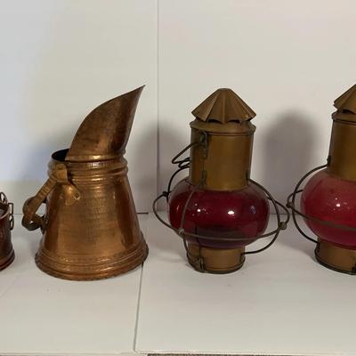 Vintage Brass Lot – Kerosene Lamps, Pitcher, and Basket