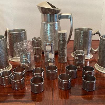 Vintage Handmade Hammered Pewter Pitcher, 4 Mugs and Napkin Rings – Made in Indonesia