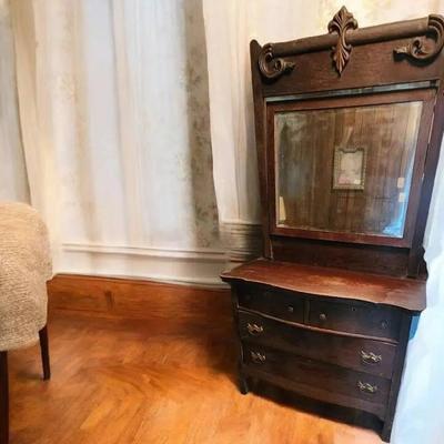 Antique Dresser With Mirror & Antique Wash Table With Towel Rack