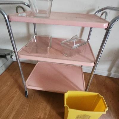Rolling 3 Tier Cart, Waste Paper Basket, Glass Bowls