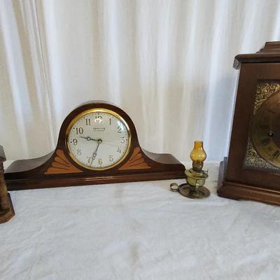 Antique Clocks, Miniature Hurricane Lamp, Wooden Coaster Set
